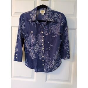Talbots Blu Floral Front Pleated Collared  Button 3/4 Slv Shirt  Sz Small Petite